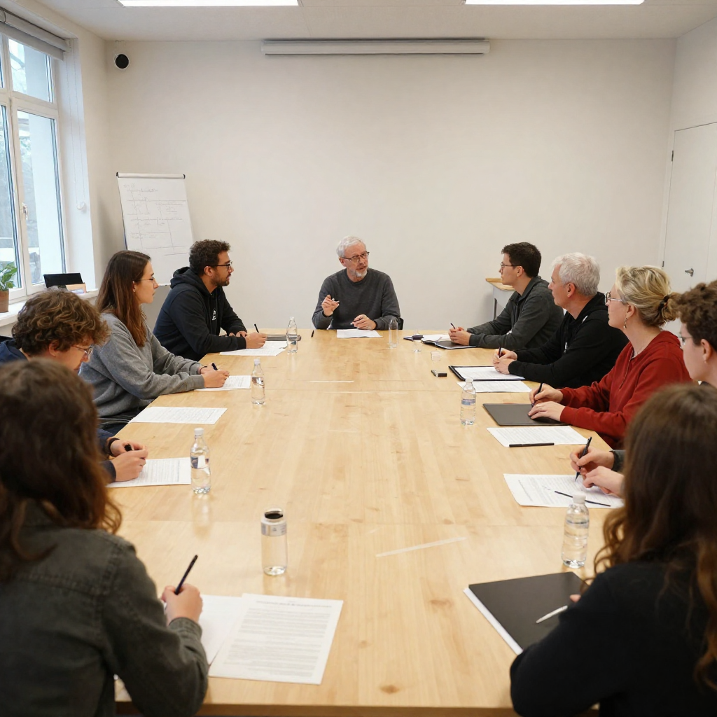 Lichte workshop ruimte met deelnemers aan het schilderen